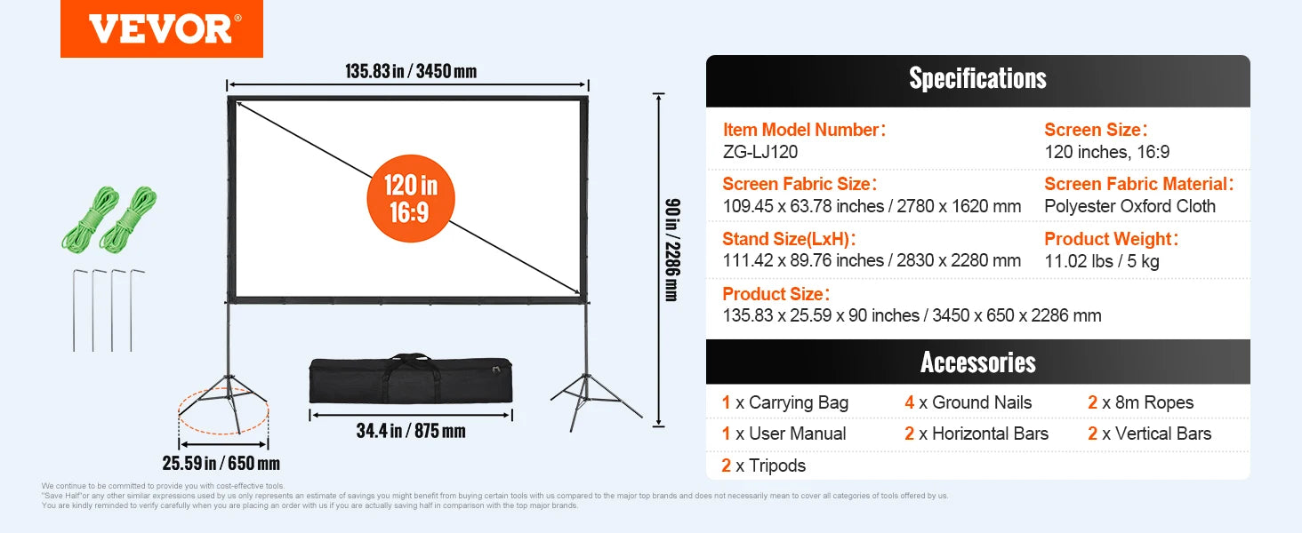 Vevor Portable Projection Screen Kit – 16:9 HD/4K, Tripod Stand for 100″, 120″ or 150″ Viewing