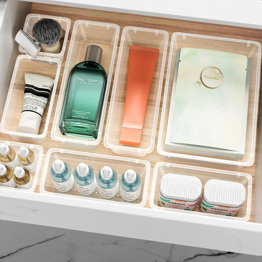 12-Piece Crystal Clear Drawer Organizer Set – Multi-Size Storage Trays for Vanity, Kitchen & Office