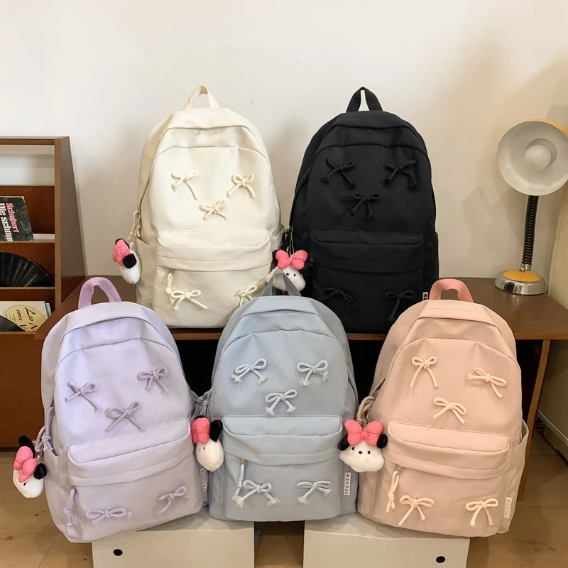 Fashion Bow Laptop Backpack – Large-Capacity Student Rucksack | Stylish Solid-Color Multi-Pocket Travel Daypack