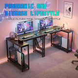 42″ L-Shaped Gaming Desk – Reversible Corner Computer Desk with Power Outlets, LED Lights, 3-Tier Shelves & Cup Holder