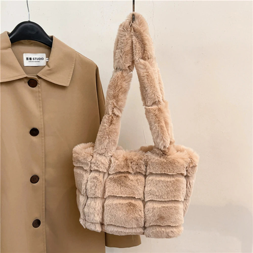 Women’s plush shoulder tote bag – large-capacity fluffy handbag, solid color casual furry purse for autumn & winter fashion