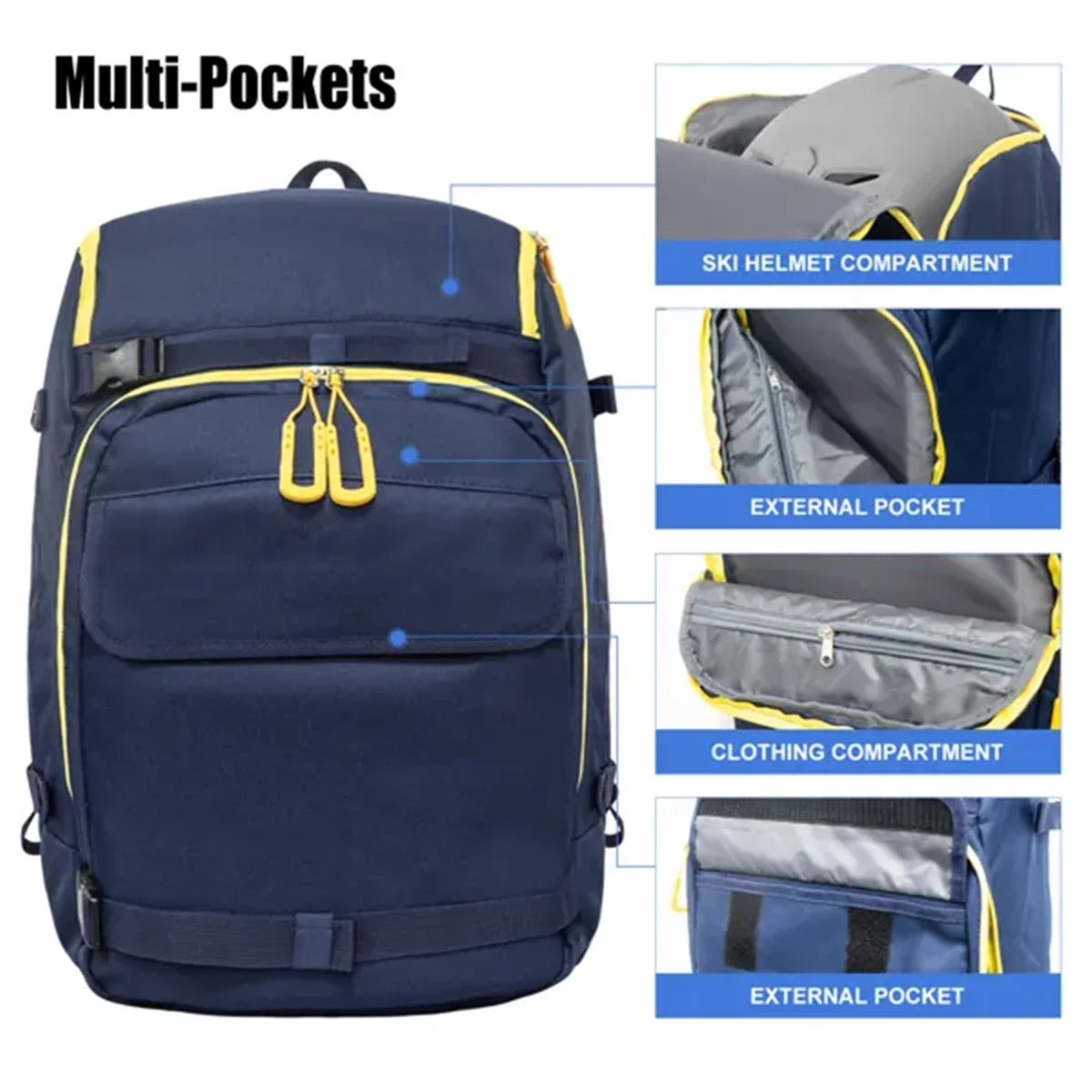 50L Ski Backpack for Winter Sports – Large Capacity Blue Travel Pack for Helmet, Goggles & Accessories