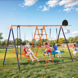 Outdoor Children’s Metal Swing Set – Heavy-Duty Playground Set with Climbing Ladder, Trapeze Bar & Basketball Hoop