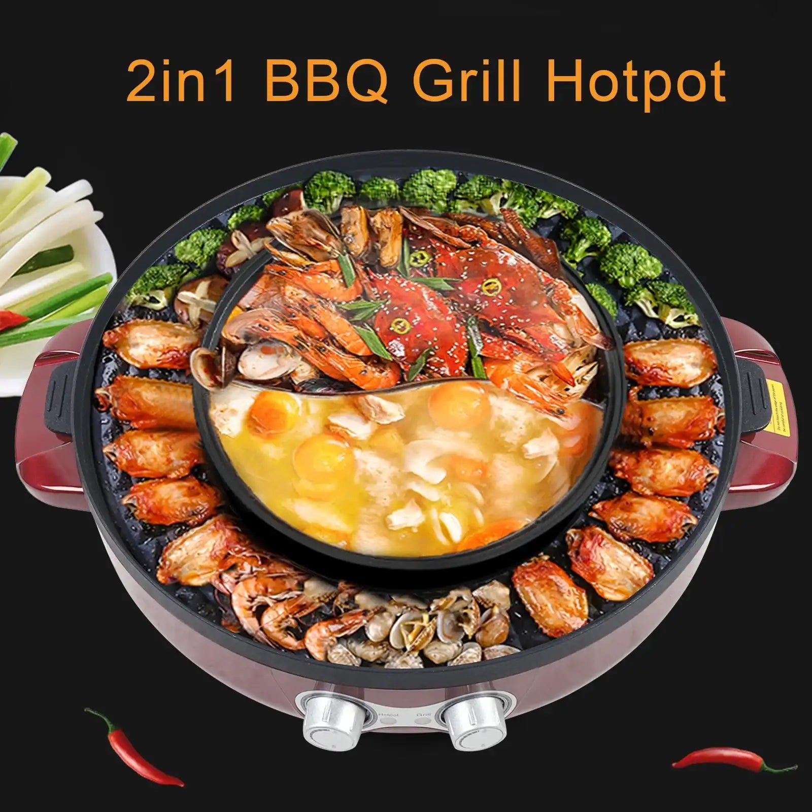 2200W 2-in-1 Electric Smokeless Grill & Hot Pot – Portable BBQ Grill and Shabu Split Pot, Multifunction Barbecue Pan (110V)