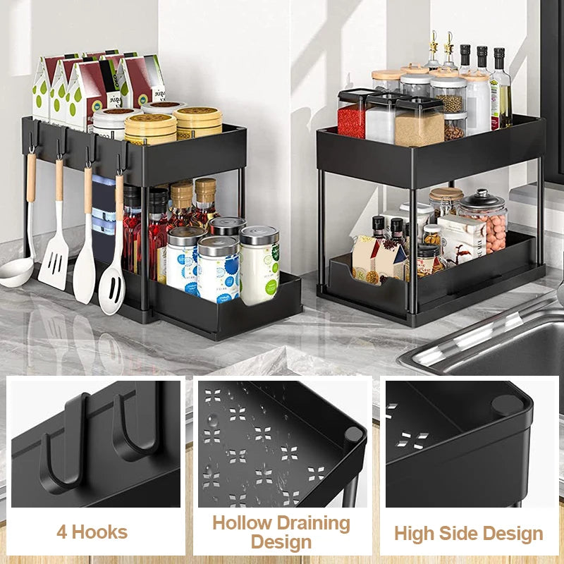 2-Tier Sliding Under-Sink Organizer with Hooks & Hanging Cup – Cabinet Storage Rack for Bathroom & Kitchen