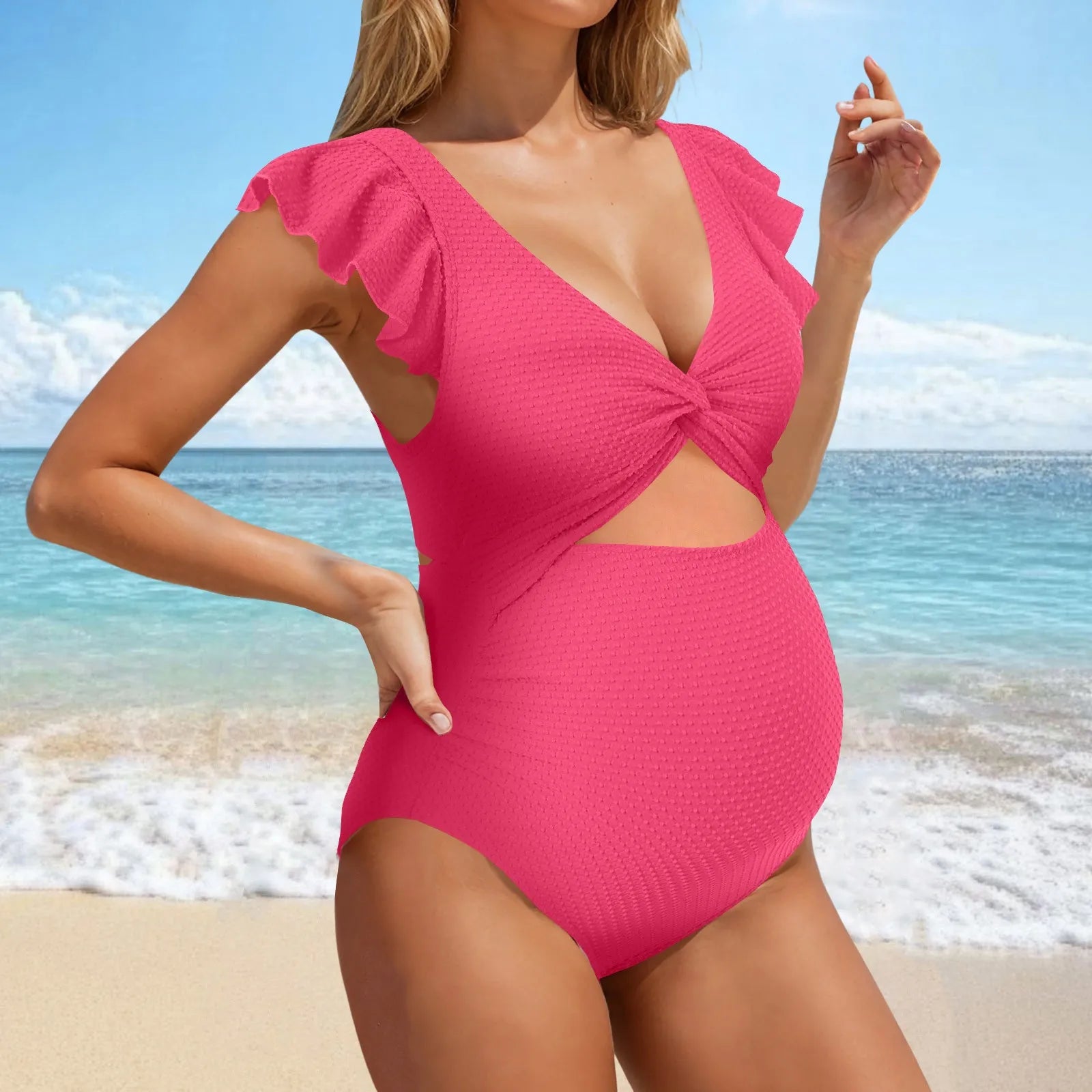 Women’s Maternity One-Piece Swimsuit – Solid Color Pregnancy Bathing Suit with Ruffled Edges, Comfortable Swimwear