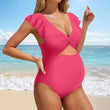 Women’s Maternity One-Piece Swimsuit – Solid Color Pregnancy Bathing Suit with Ruffled Edges, Comfortable Swimwear