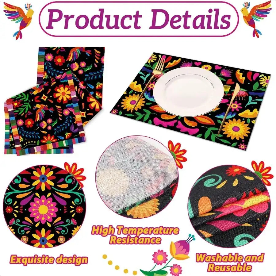 Mexican Fiesta 7-Piece Table Set – Vibrant Placemat & Table Runner Kit for Dia de los Muertos & Farmhouse Dining 🌵🎉