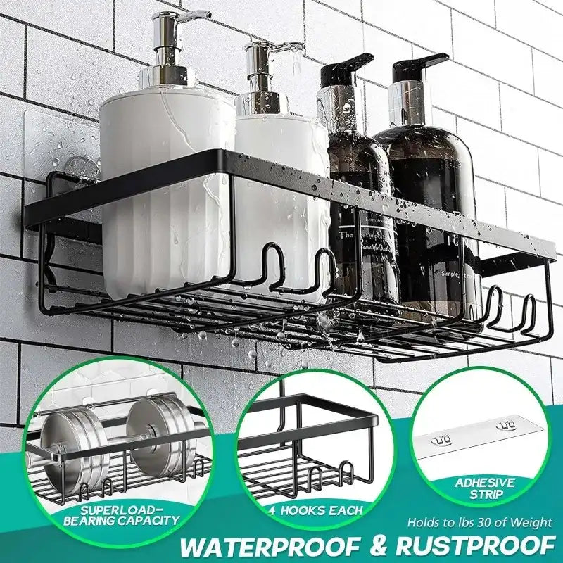 5-Pack No-Drill Adhesive Shower Shelves – Black Wall-Mounted Storage Set