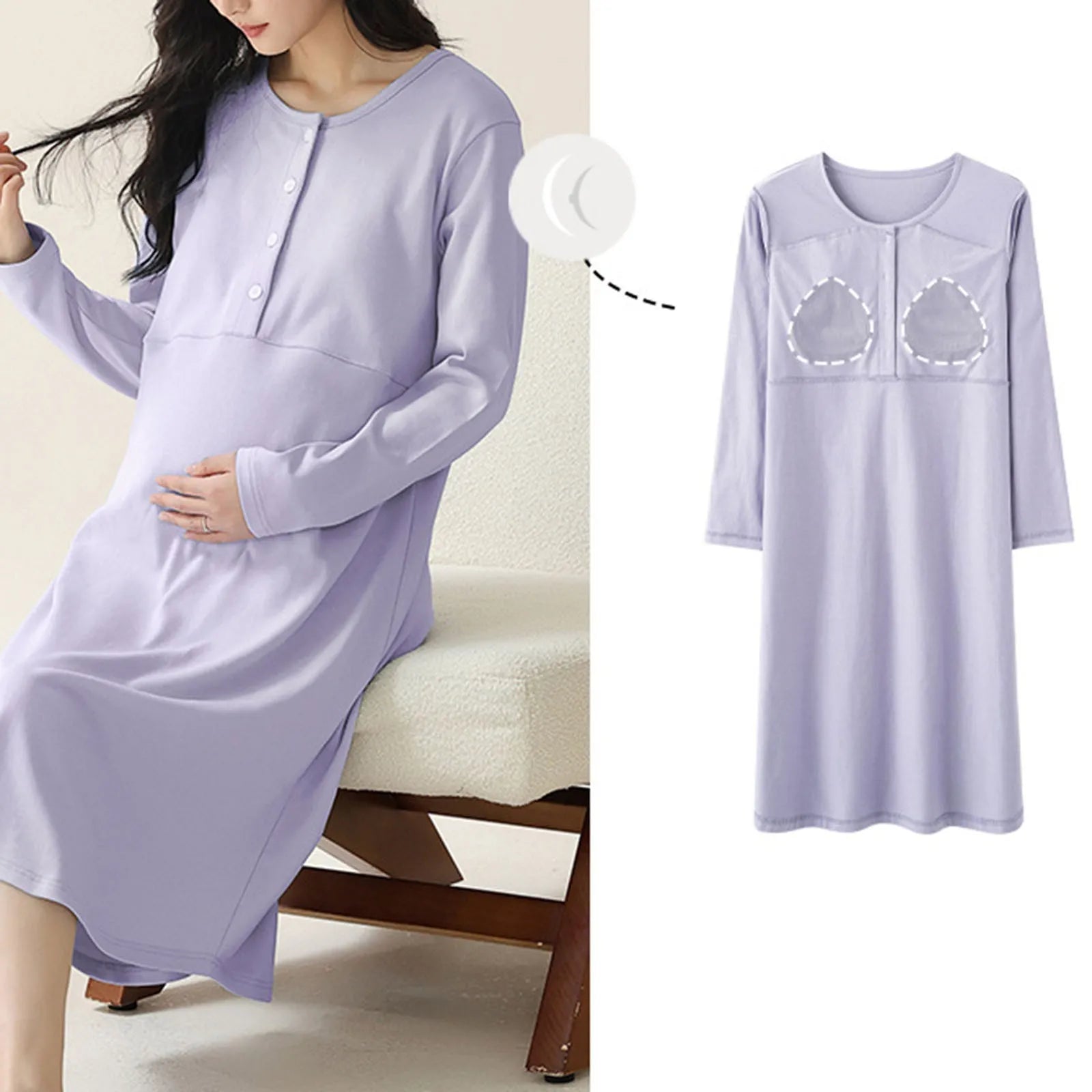 Women’s Maternity Winter Pajama Dress – Cotton Long Sleeve Nursing Clothes with Front Opening, Casual Homewear
