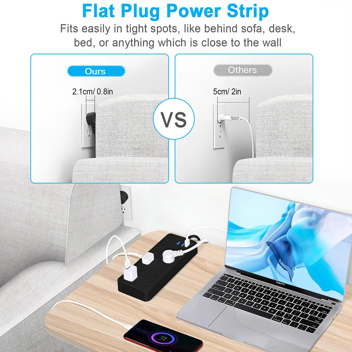 12-in-1 Power Strip with US Outlets & USB-C — Master Control Switch Multi-Tap Extension Socket for Home Office Charging