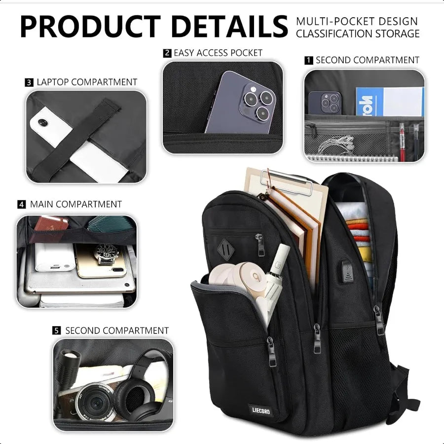 Black Backpack for Men & Boys – 15.6″ Laptop School Bag with USB Charging Port