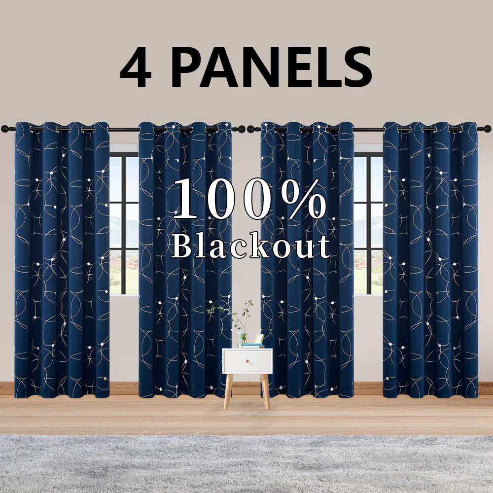 Foil-Printed Thermal Insulated Blackout Curtains – Grommet Top, Room Darkening for Bedroom (Set of 4)