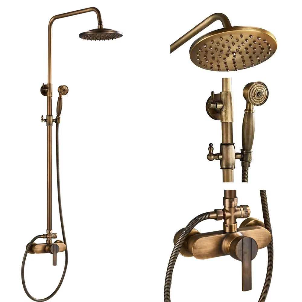 Antique Brass Shower Faucet Set – Wall-Mounted Rainfall Head with Dual Handles Hot & Cold Mixer Tap