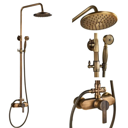 Antique Brass Shower Faucet Set – Wall-Mounted Rainfall Head with Dual Handles Hot & Cold Mixer Tap