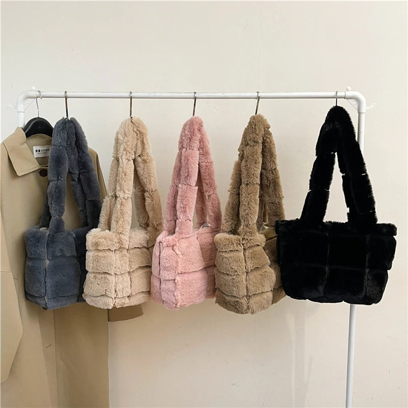 Women’s plush shoulder tote bag – large-capacity fluffy handbag, solid color casual furry purse for autumn & winter fashion