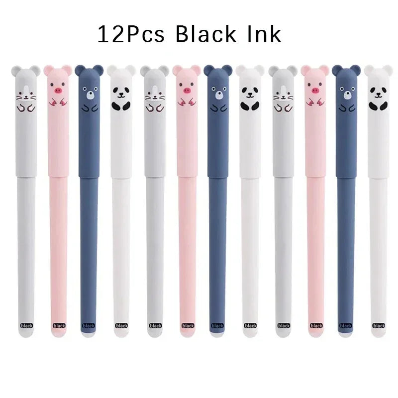 Animals Panda Erasable Gel Pen Set – 12-Piece 0.5 mm Blue/Black Ink Cartoon Stationery Kit