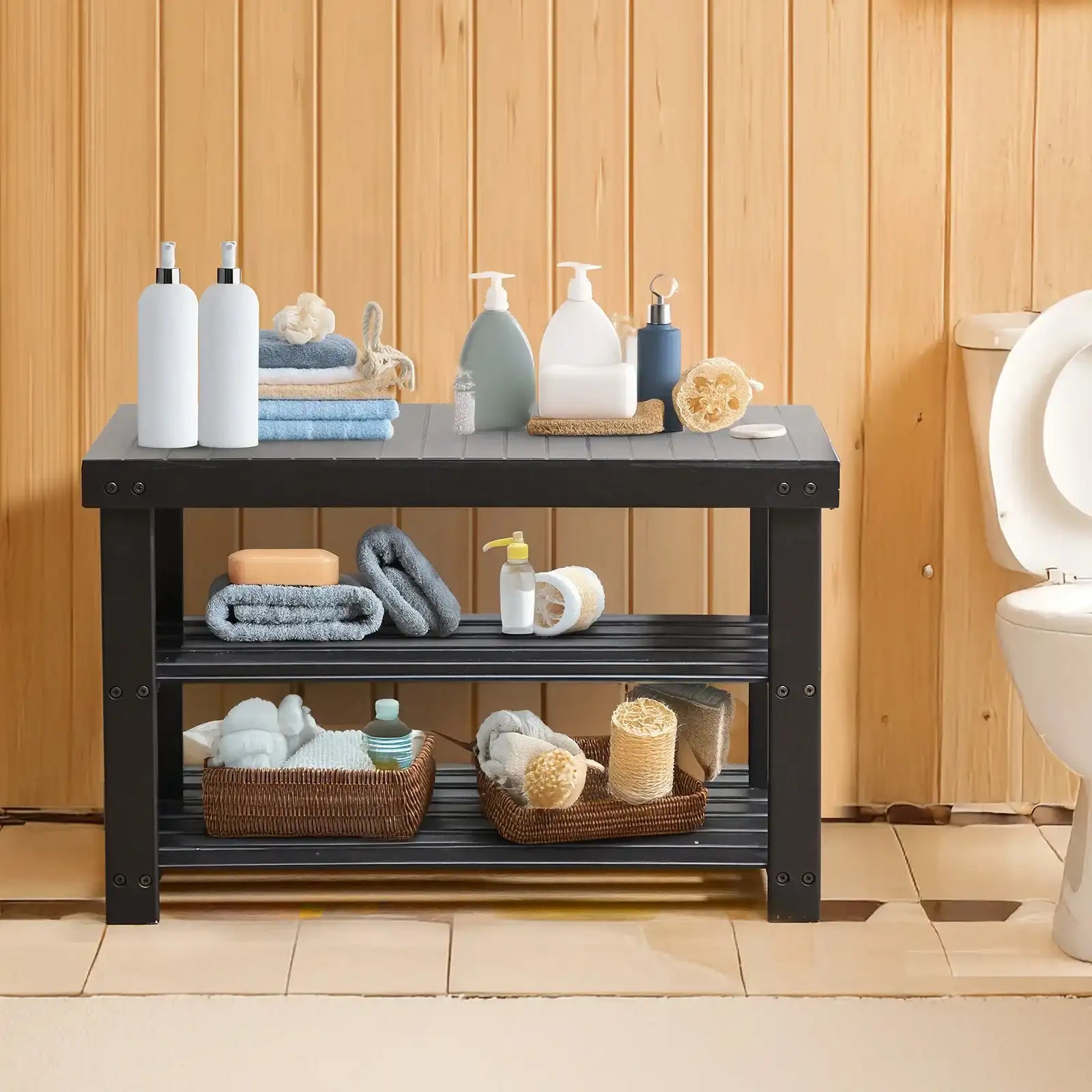 3-Tier Bamboo Shoe Rack Bench – Linen-Fabric Storage Organizer with 286 lb Load Capacity