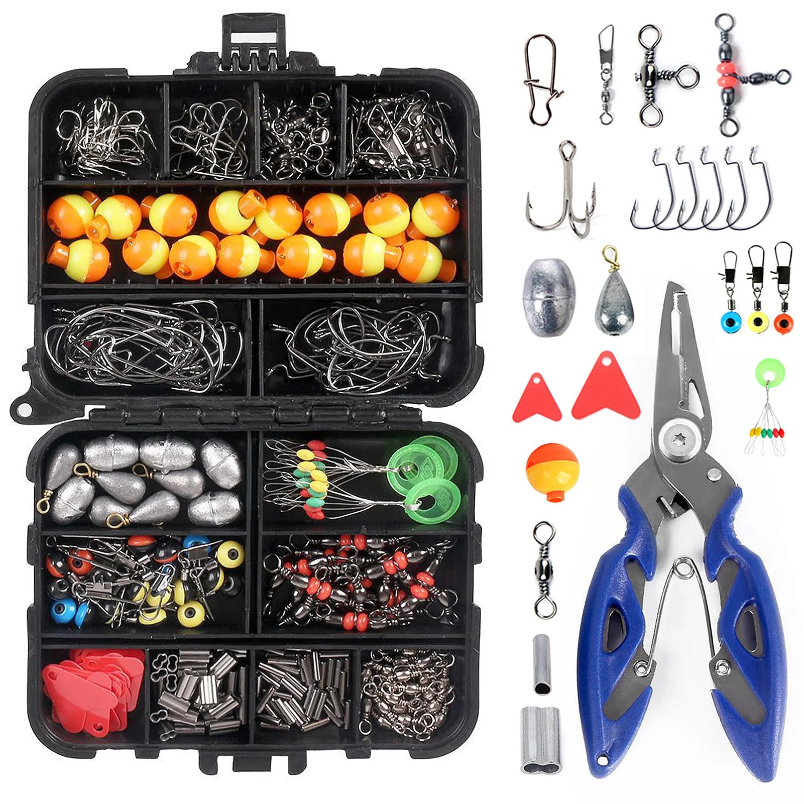 263-Piece Fishing Accessories Set with Tackle Box – Includes Pliers, Jig Hooks, Sinkers, Swivels, Snaps & Sinker Slides | Complete Fishing Kit