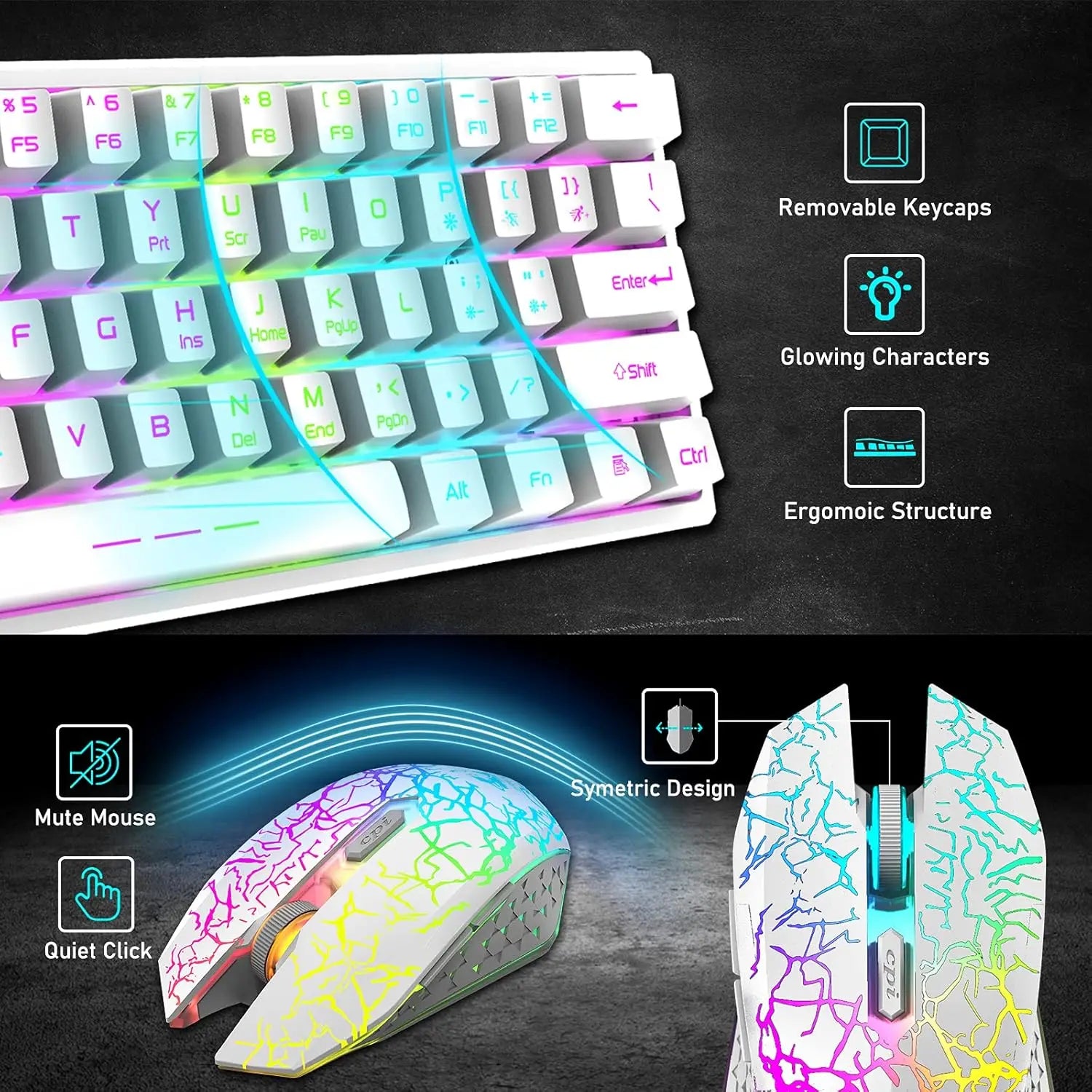 T61 Wireless Gaming Keyboard & Mouse Combo – 61-Key Ergonomic Rainbow LED Backlit Set with 4000mAh Battery & Mouse Pad
