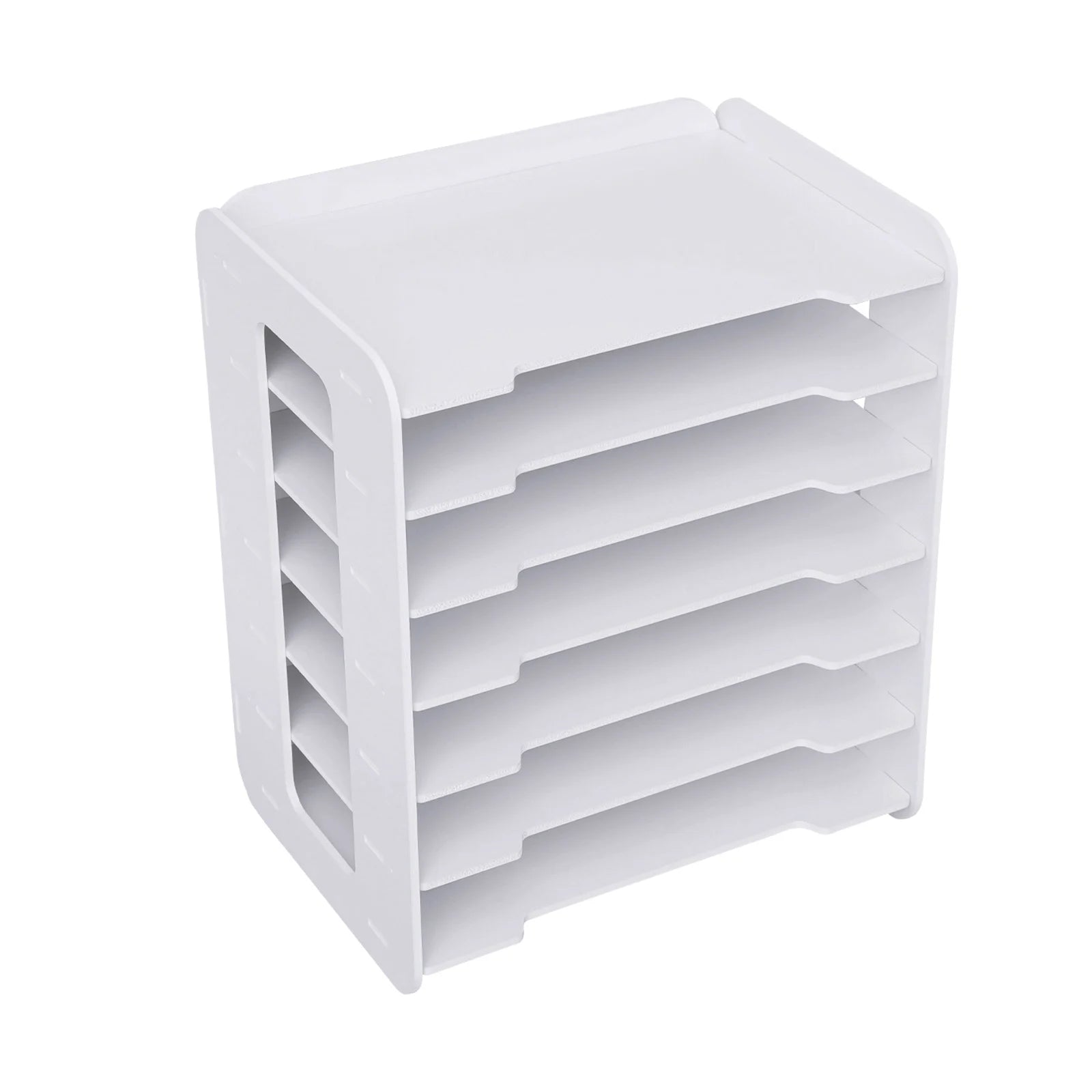 📂 7-Tier White Wooden Desktop Organizer – Office Document Rack & File Storage Shelf for Home, School & Classroom