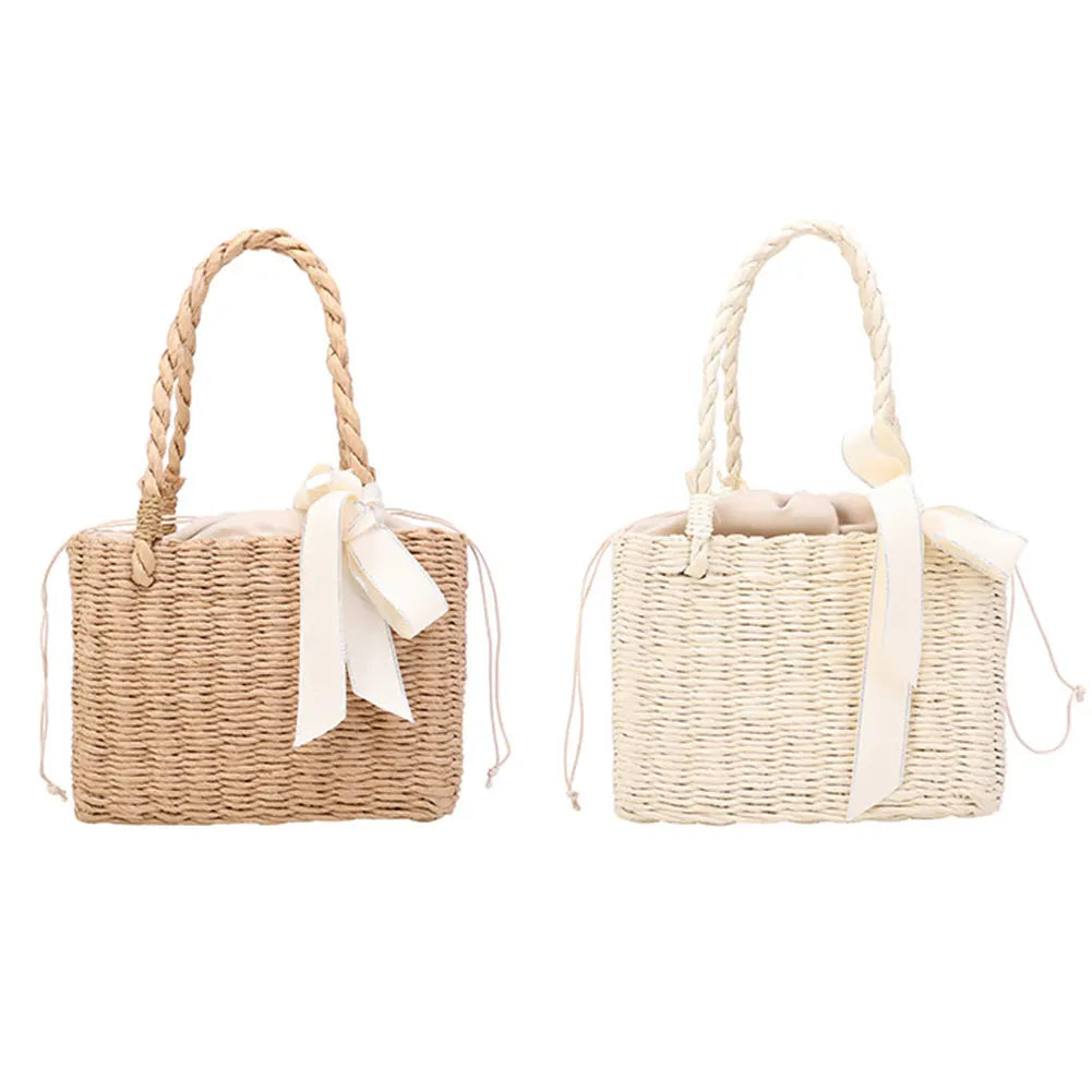 Women’s Handmade Straw Square Basket Tote – Vintage Summer Beach Woven Bag