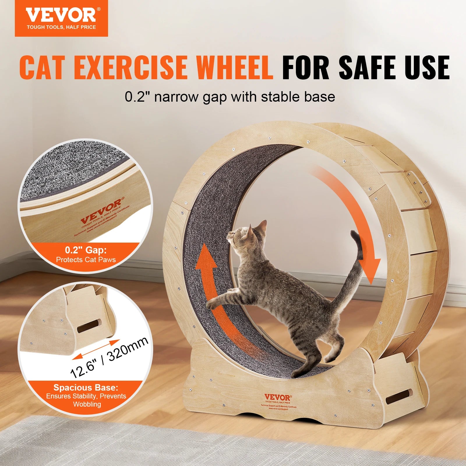 VEVOR Cat Exercise Wheel – Natural Wood Silent Running Treadmill with Detachable Carpet, Roller Wheel for Pet Fitness (