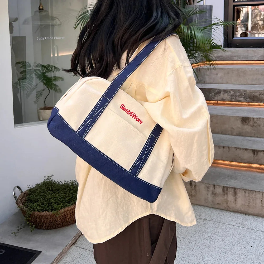 Women’s Canvas Tote Bag – Large Capacity Casual Shoulder Bag with Designer Letter Print for Daily Use 👜✨