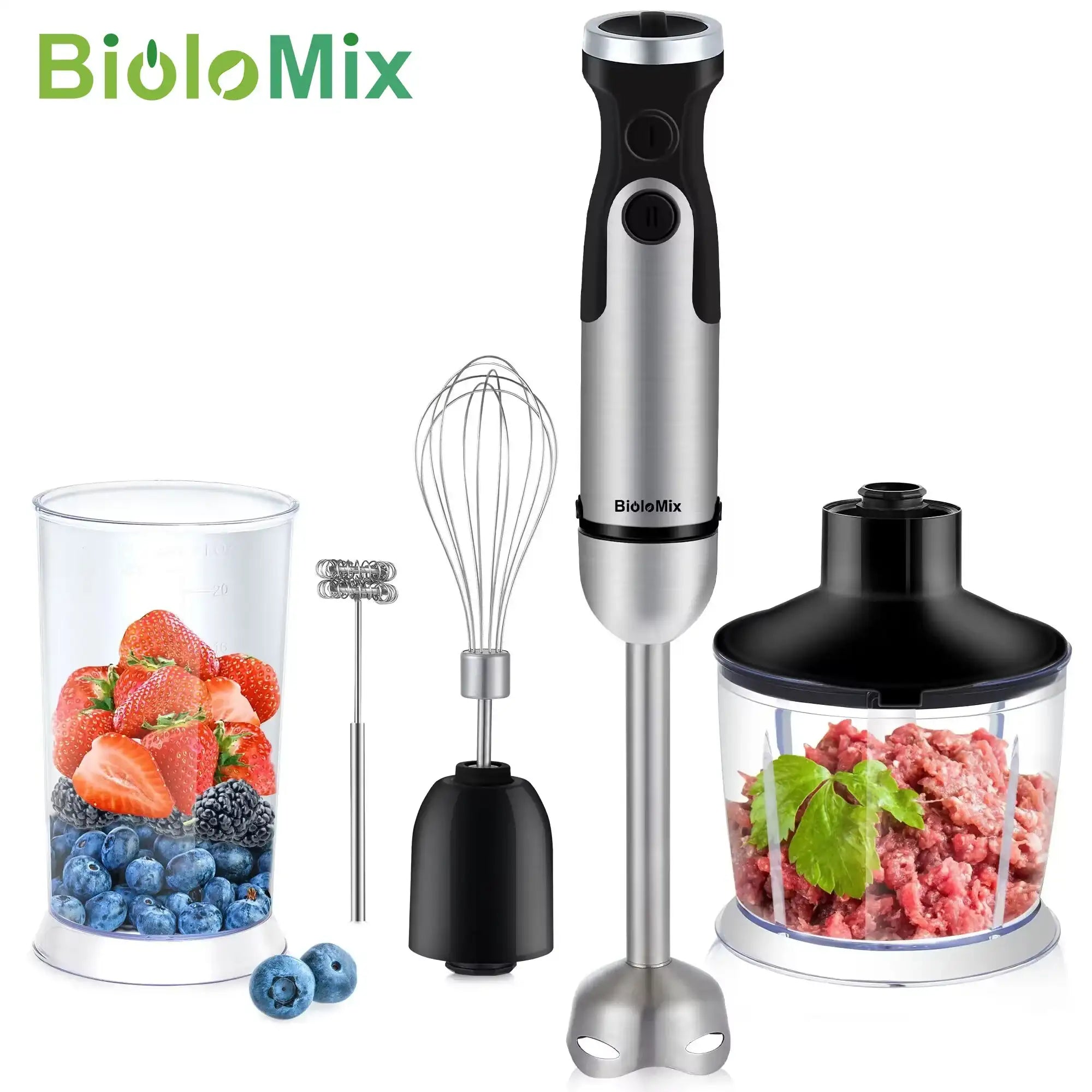 Biolomix 1200 W 5-in-1 Immersion Hand Stick Blender Mixer – Vegetable & Meat Grinder, 800 ml Chopper, Whisk & 600 ml Smoothie Cup
