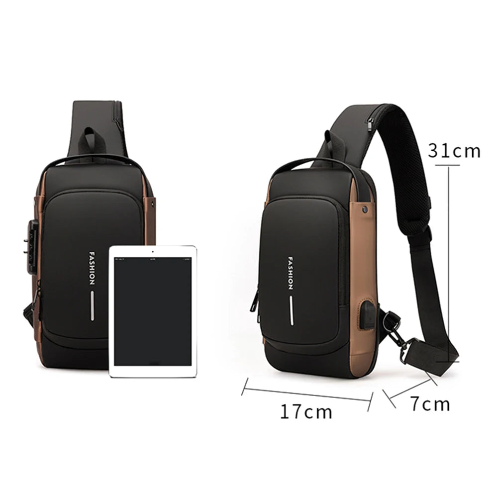 Men's PU Leather Chest Bag – Waterproof Anti-Theft Crossbody Sling with USB Charging Port for Travel & Sports
