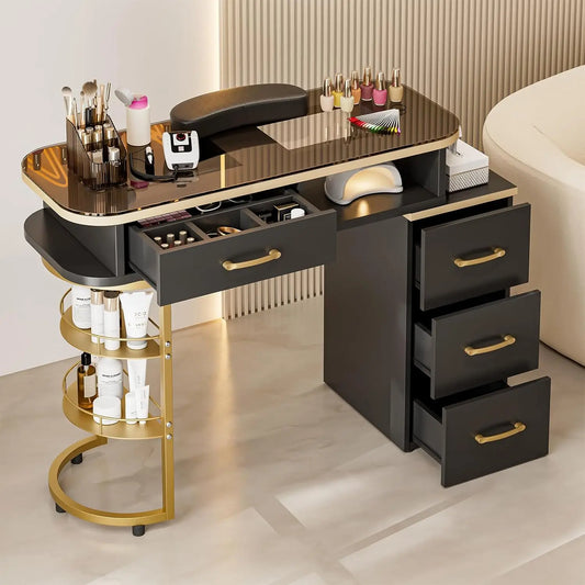 Manicure Table for Nail Tech – Glass Top Nail Desk with 4 Drawers & 2-Tier Storage Shelves, Salon Beauty Workstation