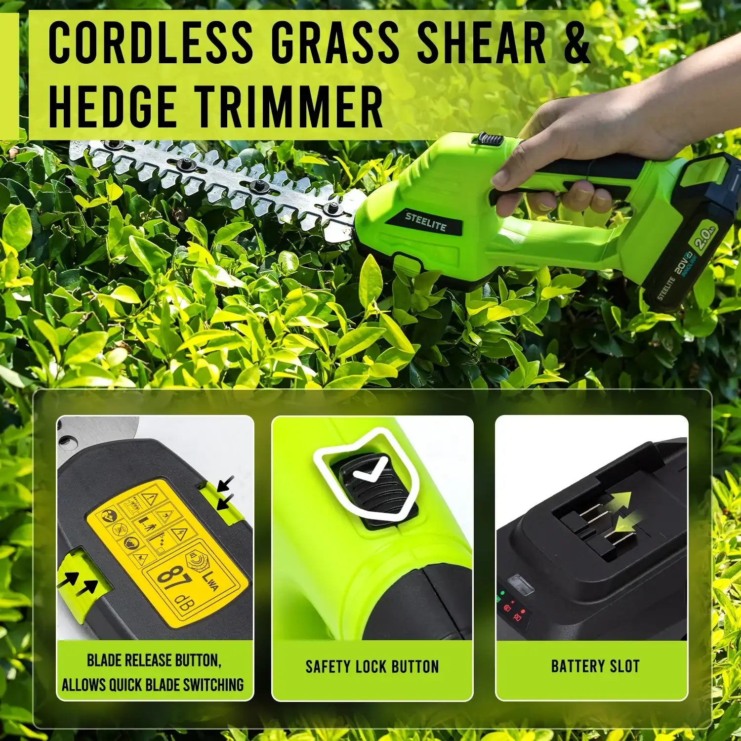 21V Cordless Hedge Trimmer with 2 Batteries | Grass & Shrub Cutter