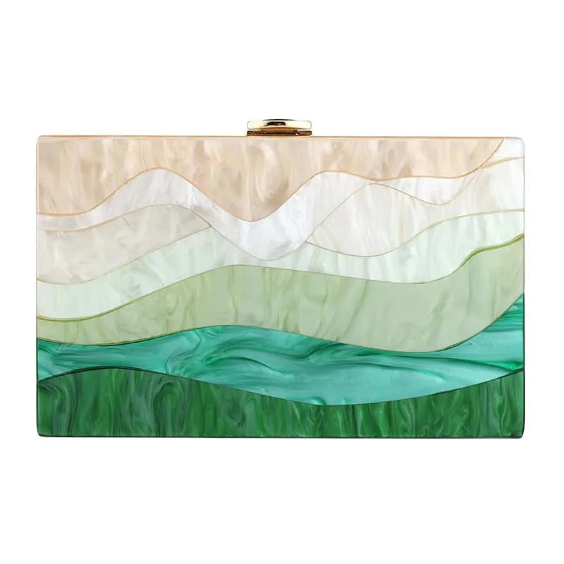 Women’s Striped Acrylic Box Clutch – Trendy Green & Beige Luxury Evening Purse, Casual Cute Handbag for Parties & Special Events