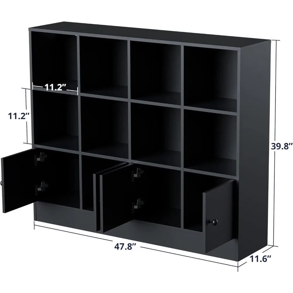 🪵 Black Wood 12-Cube Bookshelf with 4 Doors – 3-Tier Storage Cabinet with Adjustable Shelves for Bedroom & Living Room