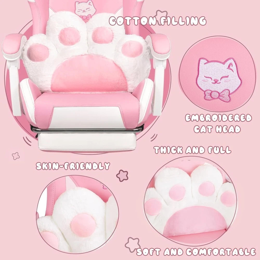 Cute Gaming Chair with Cat Ears – Ergonomic Computer Chair with Cat Paw Lumbar Cushion, Footrest & Headrest for Girls & Teens
