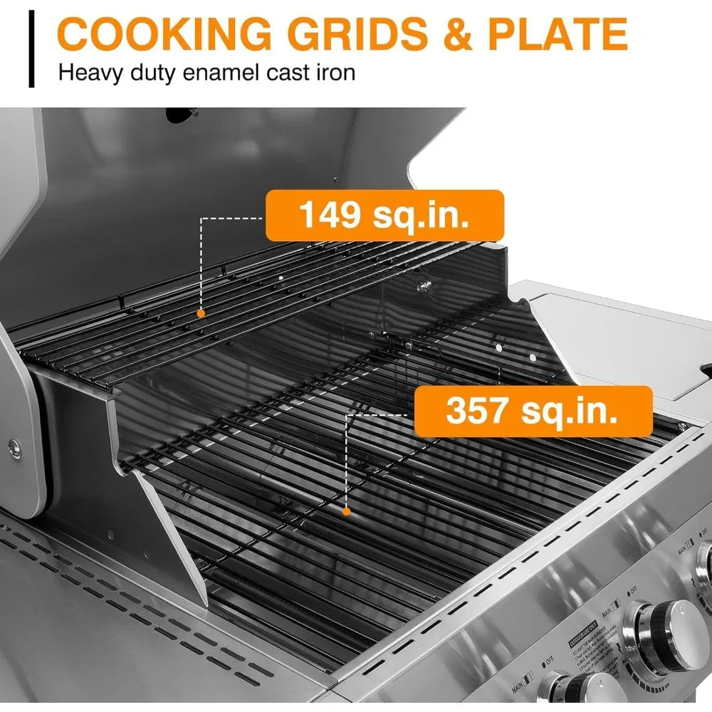 “4-Burner Propane Gas Grill with Side Burner – Stainless Steel BBQ with Thermometer & Enameled Cast Iron Grates”