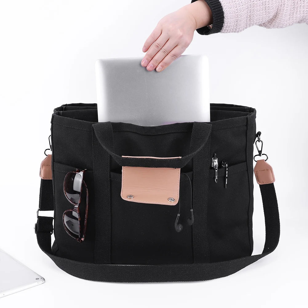 Women’s large-capacity canvas tote bag – multi-pocket casual shopping & travel handbag with adjustable shoulder strap