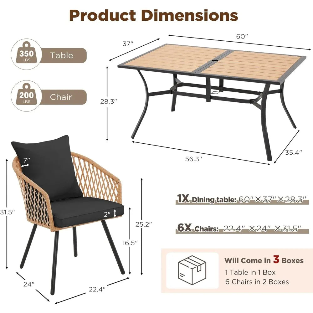 “7-Piece All-Weather Rattan Patio Dining Set – 60” Wood-Top Table with Umbrella Hole & 6 Cushioned Chairs for Outdoor Garden & Backyard”
