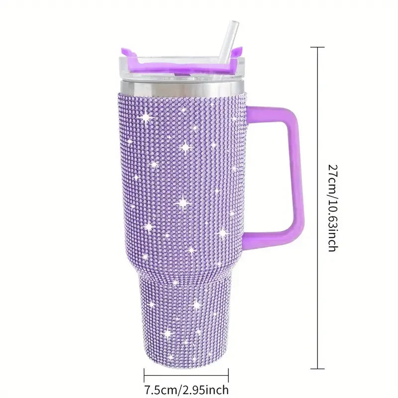 Sparkling Studded Tumbler 40oz with Lid & Handle – Stainless Steel Insulated Car Cup