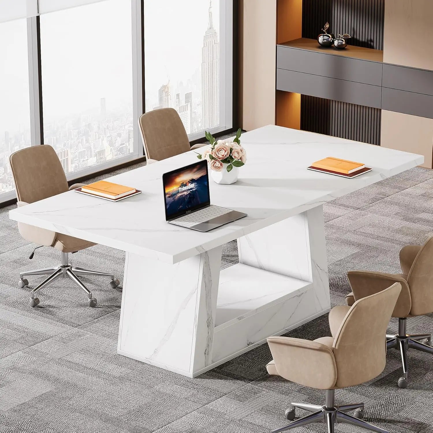 🖥️ 63" Modern Computer Desk – Large Office Executive Writing Desk with Faux Marble Finish for Home & Business