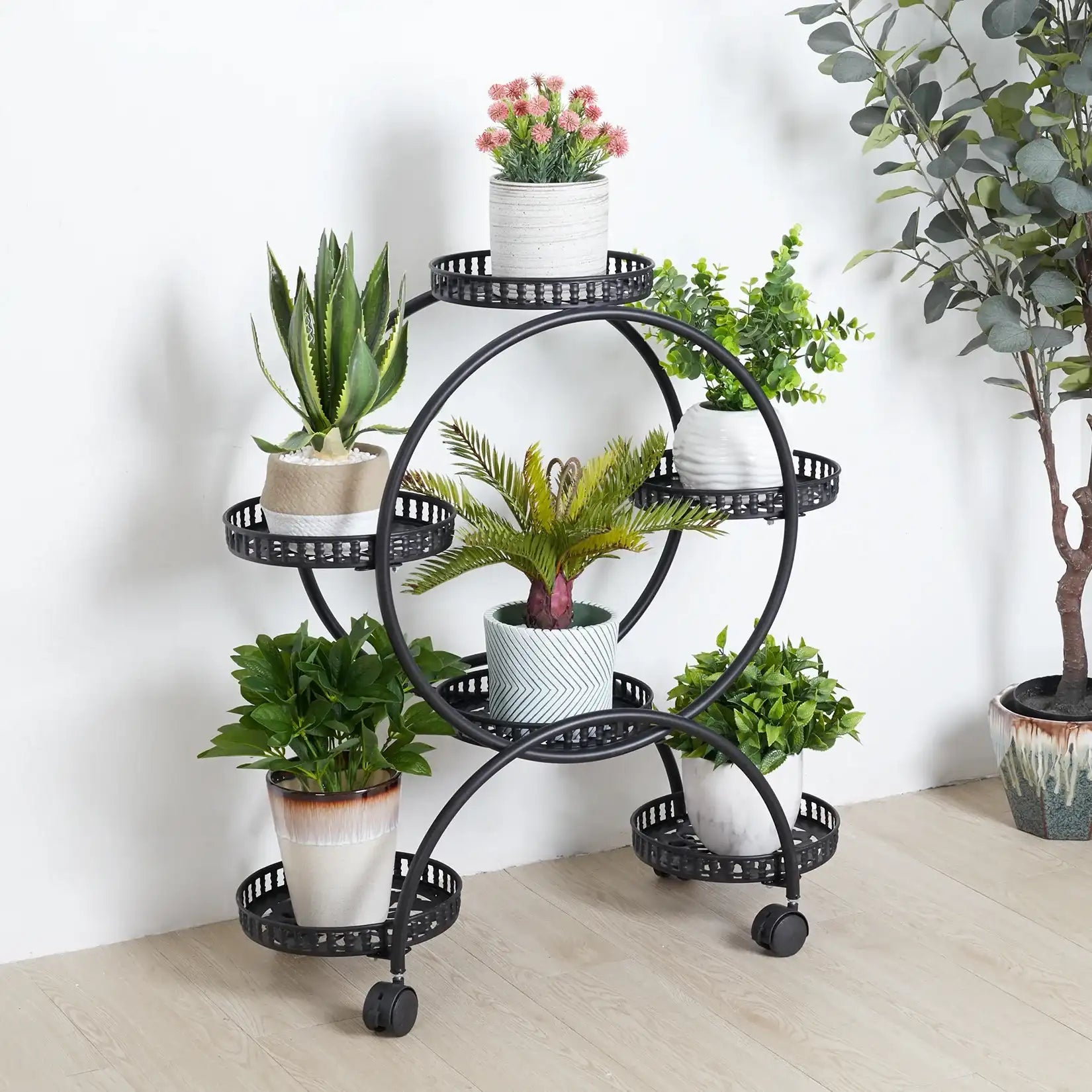 4-Layer Plant Stand Rack with 6 Pots – Mobile Flower Display Shelf on Casters for Balcony & Indoor