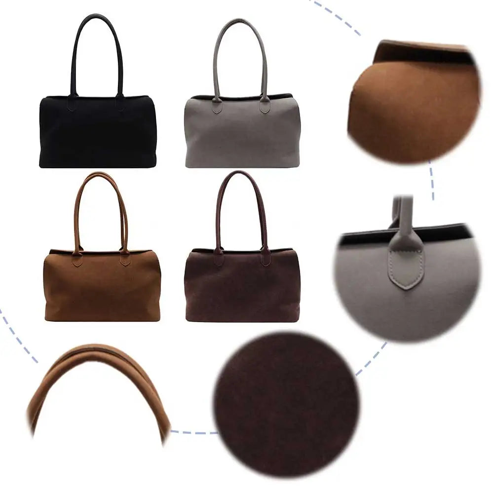 Unisex Suede Top-Handle Tote – Solid Colour Retro Handbag with Inner Pocket for Work & Travel