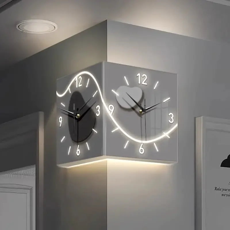 Luxury LED Corner Wall Clock with Light – Double-Sided Luminous Sensor Clock with Numeral Scale & Gold Modern Design