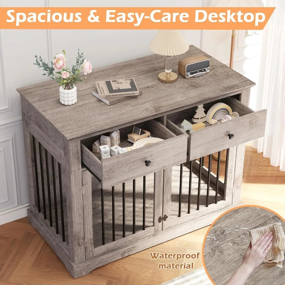 44" Wooden Dog Crate Furniture – Indoor Heavy-Duty Kennel with 2 Storage Drawers for Large Dogs
