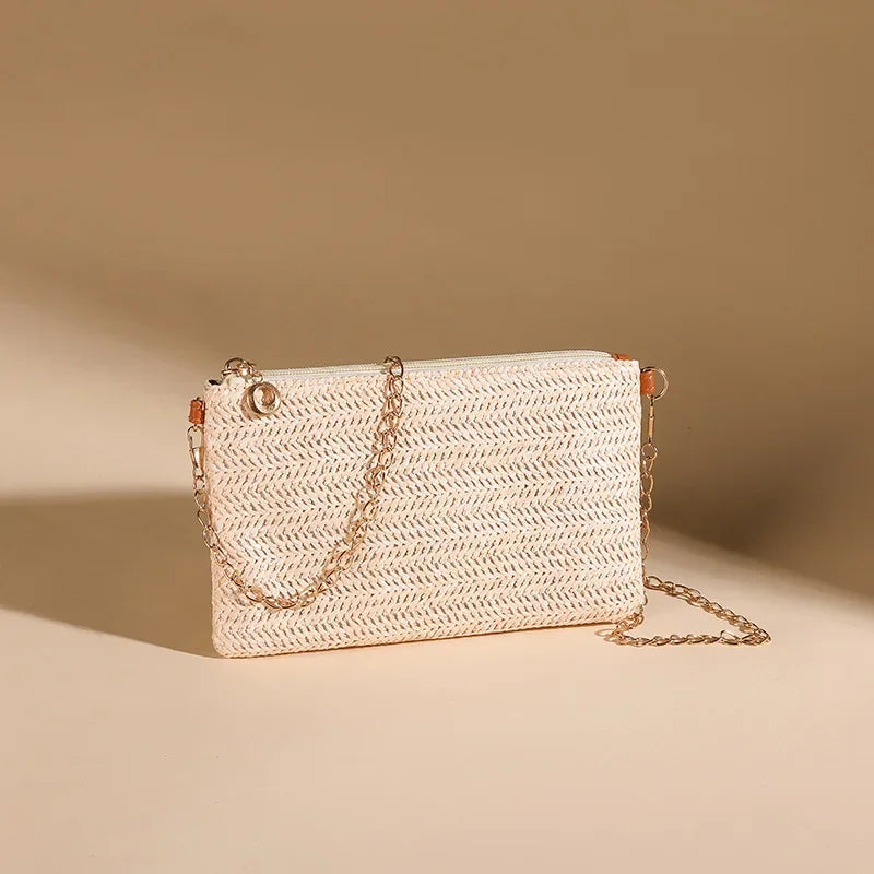 Straw Shoulder Chain Strap Crossbody Bag – Summer Casual Tote for Women