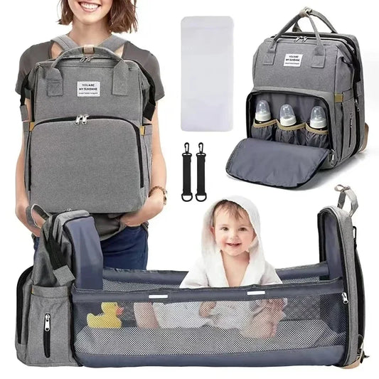 Foldable Bed Diaper Bag with Changing Station, Insulated Pocket & Large-Capacity Double-Shoulder Mommy Bag