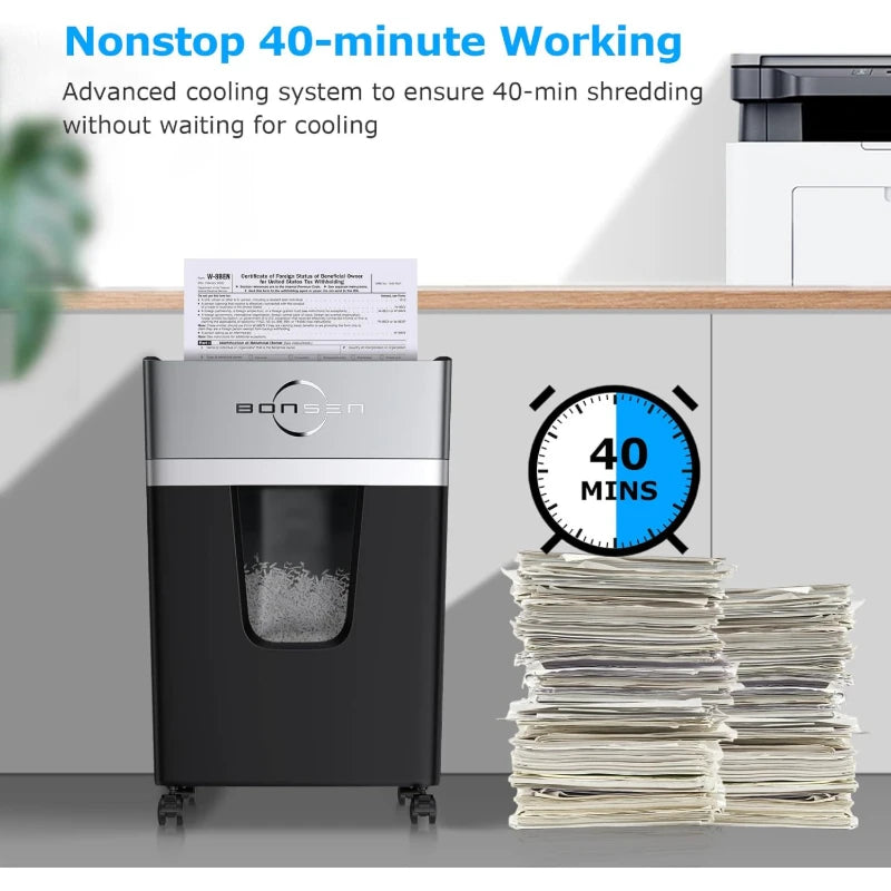 Bonsen P-4 Level 12-Sheet Micro-Cut Paper Shredder – Ultra-Quiet Home & Office Shredder with 40-Minute Runtime