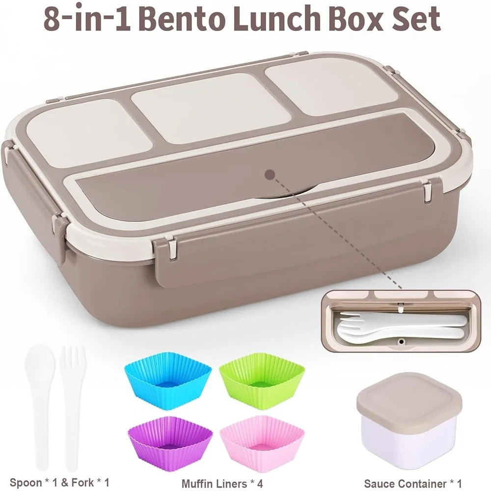 4-Compartment Adult Bento Lunch Box – Silicone & Leak-Proof with Utensils & Mug Cups, Microwave-Safe Lunch Container