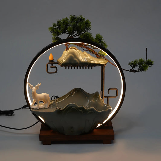 Ceramic Tabletop Fountain with LED Lights – Indoor Waterfall Mist Décor Featuring Deer & Plants for Relaxing Home & Office Ambience