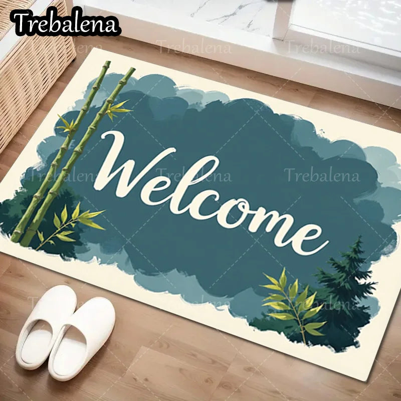 Welcome Door Mat – Bamboo & Pine Design Entry Rug for Home Entrance Décor (Indoor/Outdoor Use)
